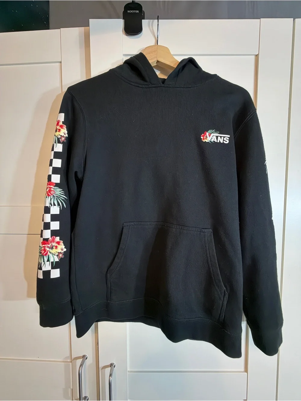 Vans Black Crewneck Hoodie with Floral Checker Sleeve Accents B7
